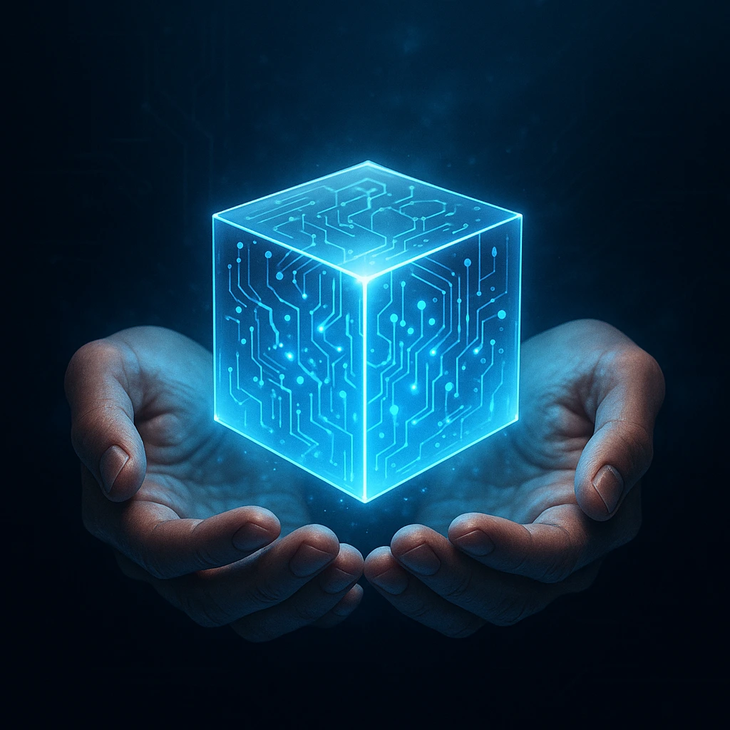 Realistic open hands offering a glowing blue circuit cube